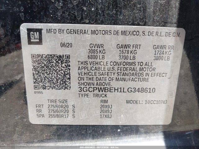 Aukcja sprzedaży 2020 Chevrolet Silverado 1500 2wd  Standard Bed Custom, vin: 3GCPWBEH1LG348610, numer aukcji: 45083622
