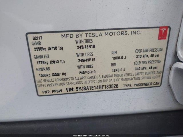 Продаж на аукціоні авто 2017 Tesla Model S 60/75, vin: 5YJSA1E14HF183526, номер лоту: 45083654