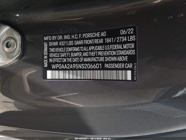 Aukcja sprzedaży 2022 Porsche 911 Carrera/carrera 4, vin: WP0AA2A95NS206601, numer aukcji: 45083671