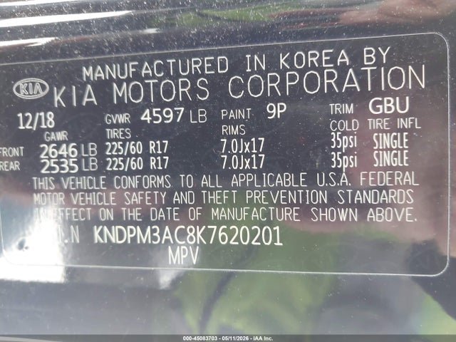 Продажа на аукционе авто 2019 Kia Sportage Lx, vin: KNDPM3AC8K7620201, номер лота: 45083703