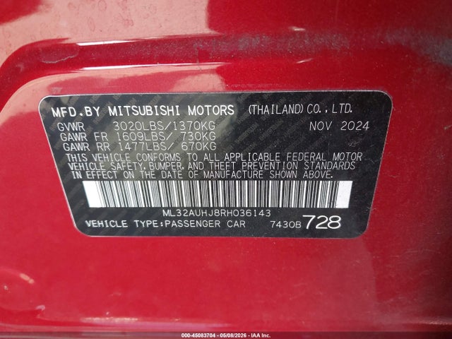 2024 Mitsubishi Mirage Es/le მანქანა იყიდება აუქციონზე, vin: ML32AUHJ8RH036143, აუქციონის ნომერი: 45083704