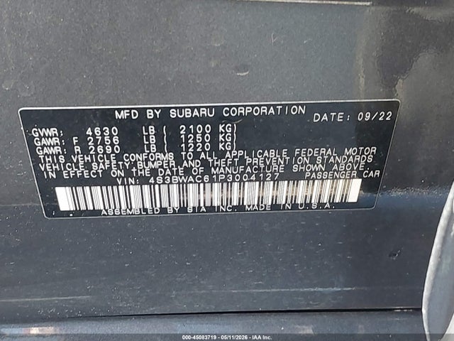 Продаж на аукціоні авто 2023 Subaru Legacy Premium, vin: 4S3BWAC61P3004127, номер лоту: 45083719