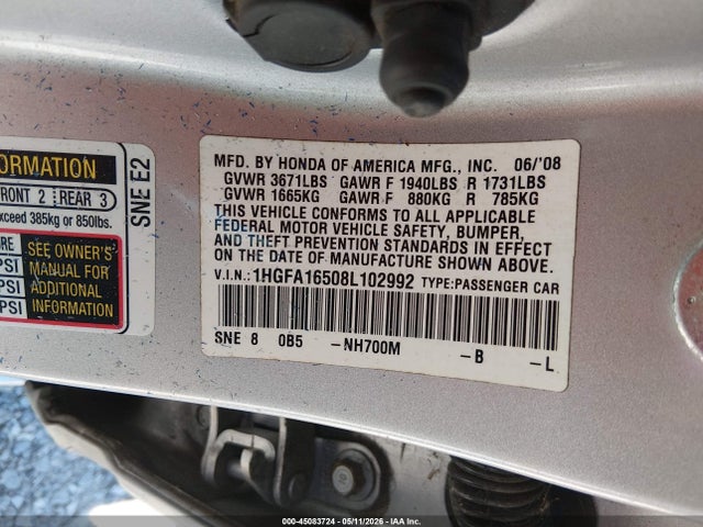 Продаж на аукціоні авто 2008 Honda Civic Lx, vin: 1HGFA16508L102992, номер лоту: 45083724