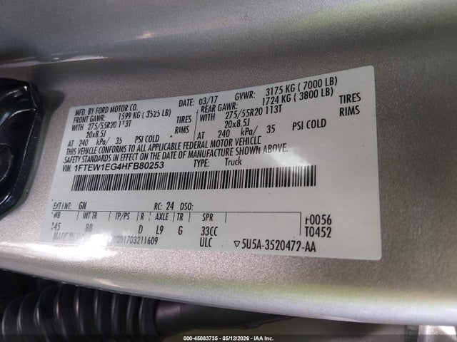 Aukcja sprzedaży 2017 Ford F-150 Platinum, vin: 1FTEW1EG4HFB80253, numer aukcji: 45083735