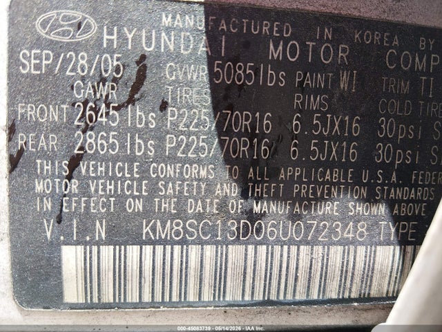 45083739 :رقم المزاد ، KM8SC13D06U072348 vin ، 2006 Hyundai Santa Fe Gls مزاد بيع