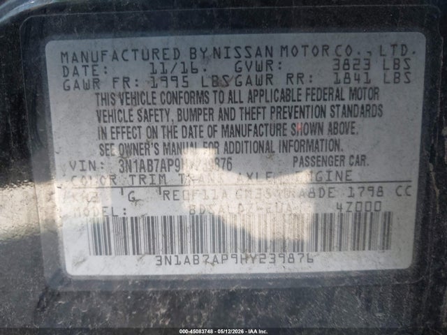 Продаж на аукціоні авто 2017 Nissan Sentra Sv, vin: 3N1AB7AP9HY239876, номер лоту: 45083748