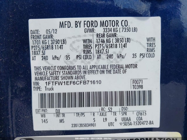 Aukcja sprzedaży 2012 Ford F-150 Xlt, vin: 1FTFW1EF6CFB71610, numer aukcji: 45083753
