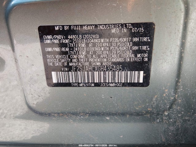 Aukcja sprzedaży 2016 Subaru Forester 2.5i Limited, vin: JF2SJAHCXGH435485, numer aukcji: 45083754