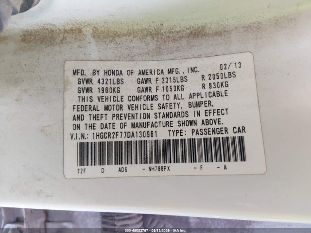 Продаж на аукціоні авто 2013 Honda Accord Ex, vin: 1HGCR2F77DA130961, номер лоту: 45083757