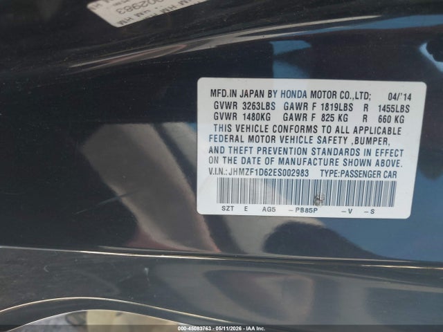 45083763 :رقم المزاد ، JHMZF1D62ES002983 vin ، 2014 Honda Cr-z Ex مزاد بيع