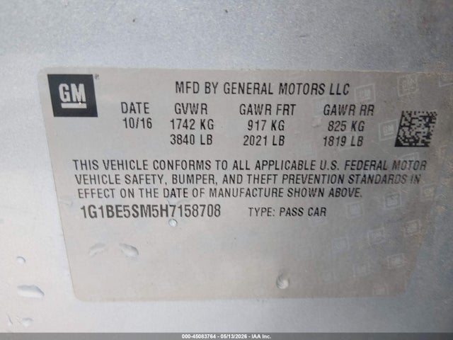 2017 Chevrolet Cruze Lt Auto მანქანა იყიდება აუქციონზე, vin: 1G1BE5SM5H7158708, აუქციონის ნომერი: 45083764