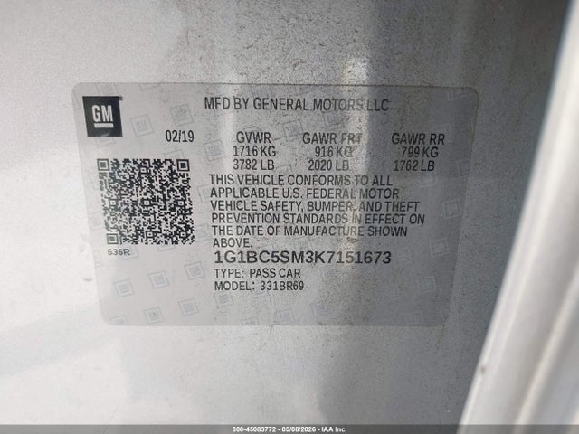 2019 Chevrolet Cruze Ls მანქანა იყიდება აუქციონზე, vin: 1G1BC5SM3K7151673, აუქციონის ნომერი: 45083772