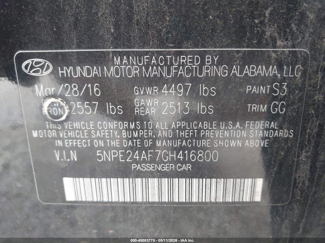 Auction sale of the 2016 Hyundai Sonata, vin: 5NPE24AF7GH416800, lot number: 45083775