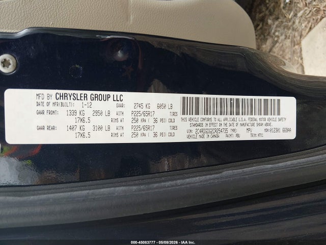 2012 Dodge Grand Caravan Crew მანქანა იყიდება აუქციონზე, vin: 2C4RDGDG2CR254735, აუქციონის ნომერი: 45083777