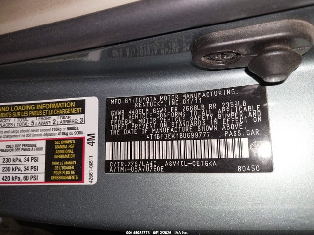 2011 Toyota Camry Xle მანქანა იყიდება აუქციონზე, vin: 4T1BF3EK1BU699777, აუქციონის ნომერი: 45083778