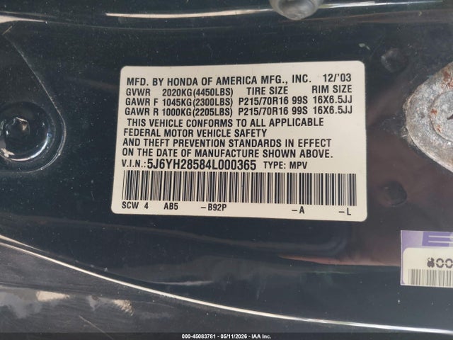 Продажа на аукционе авто 2004 Honda Element Ex, vin: 5J6YH28584L000365, номер лота: 45083781