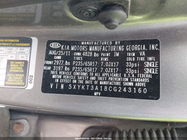 45083785 :رقم المزاد ، 5XYKT3A18CG243160 vin ، 2012 Kia Sorento Lx مزاد بيع