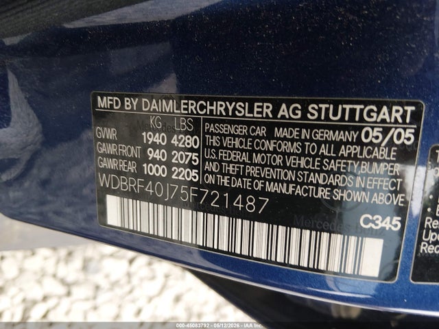 Продажа на аукционе авто 2005 Mercedes-benz C 230 Kompressor Sport, vin: WDBRF40J75F721487, номер лота: 45083792