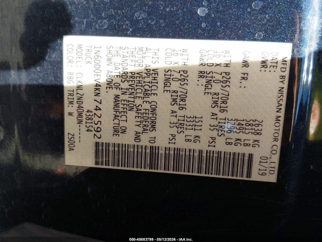 2019 Nissan Frontier Sv მანქანა იყიდება აუქციონზე, vin: 1N6DD0EV4KN742592, აუქციონის ნომერი: 45083799