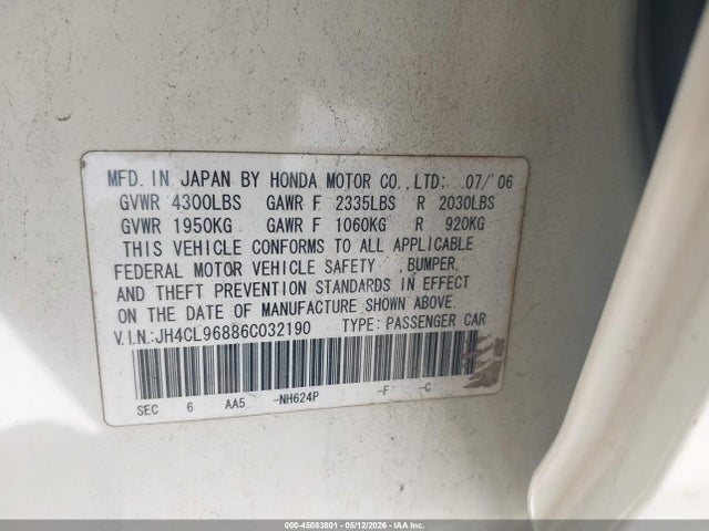 2006 Acura Tsx მანქანა იყიდება აუქციონზე, vin: JH4CL96886C032190, აუქციონის ნომერი: 45083801
