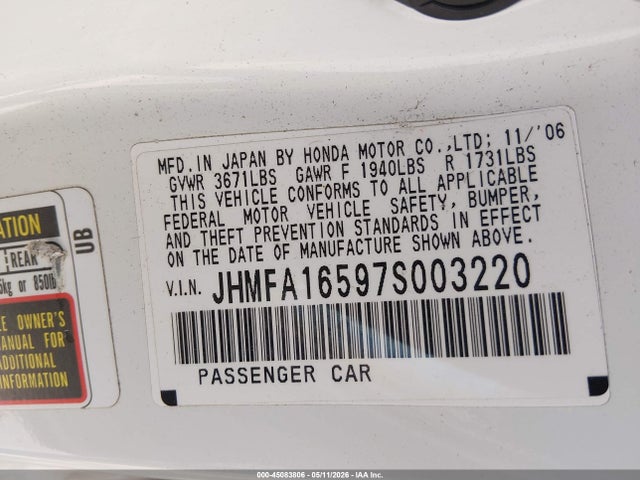 Aukcja sprzedaży 2007 Honda Civic Lx, vin: JHMFA16597S003220, numer aukcji: 45083806