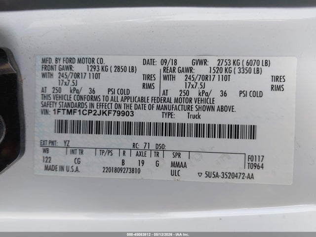 2018 Ford F-150 Xl მანქანა იყიდება აუქციონზე, vin: 1FTMF1CP2JKF79903, აუქციონის ნომერი: 45083812