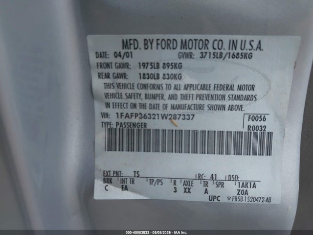 2001 Ford Focus Se მანქანა იყიდება აუქციონზე, vin: 1FAFP36321W287337, აუქციონის ნომერი: 45083833