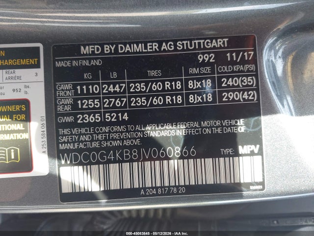 2018 Mercedes-benz Glc 300 4matic მანქანა იყიდება აუქციონზე, vin: WDC0G4KB8JV060866, აუქციონის ნომერი: 45083845
