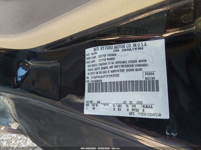 Aukcja sprzedaży 2000 Ford Mustang, vin: 1FAFP4447YF292920, numer aukcji: 45083856