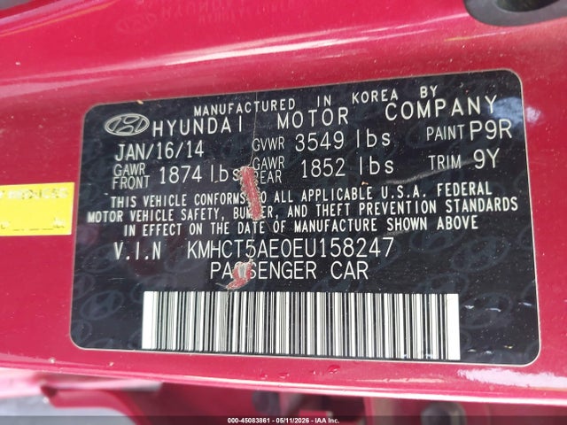 45083861 :رقم المزاد ، KMHCT5AE0EU158247 vin ، 2014 Hyundai Accent Gs مزاد بيع