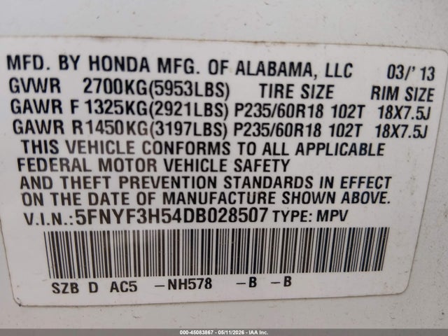 Продаж на аукціоні авто 2013 Honda Pilot Ex-l, vin: 5FNYF3H54DB028507, номер лоту: 45083867