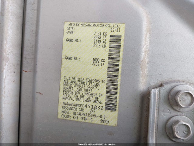 2014 Nissan Maxima 3.5 Sv მანქანა იყიდება აუქციონზე, vin: 1N4AA5APXEC451832, აუქციონის ნომერი: 45083869