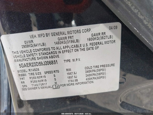 Aukcja sprzedaży 2009 Buick Enclave Cxl, vin: 5GAER23D59J206851, numer aukcji: 45083876