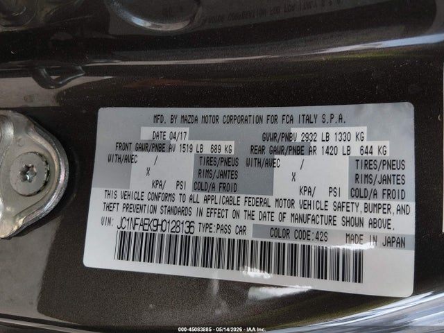 Aukcja sprzedaży 2017 Fiat 124 Spider Lusso, vin: JC1NFAEK9H0128136, numer aukcji: 45083885
