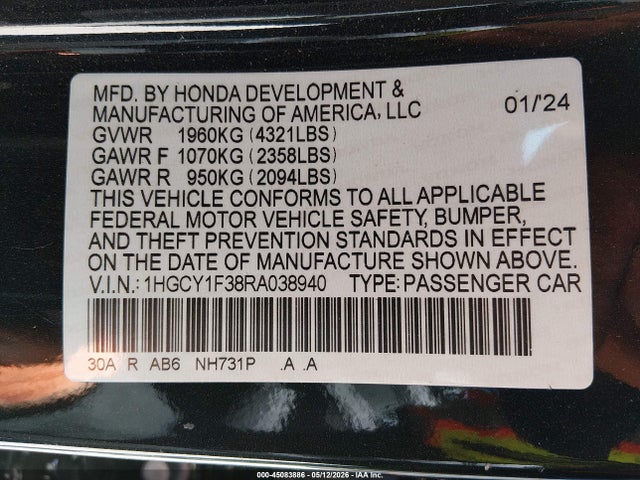 Продаж на аукціоні авто 2024 Honda Accord Ex, vin: 1HGCY1F38RA038940, номер лоту: 45083886