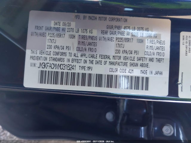 Aukcja sprzedaży 2021 Mazda Cx-5 Touring, vin: JM3KFACMXM0316241, numer aukcji: 45083891