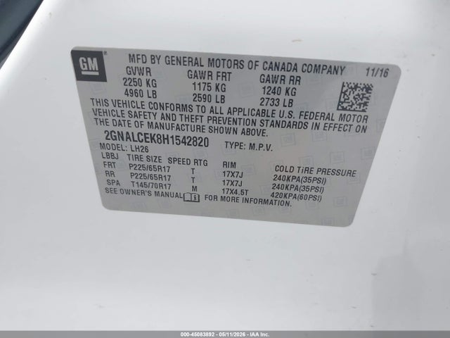 Chevrolet EQUINOX LT 2017 2GNALCEK8H1542820 Image 9