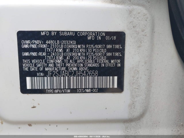 Продажа на аукционе авто 2018 Subaru Forester 2.5i, vin: JF2SJABC2JH542658, номер лота: 45083894