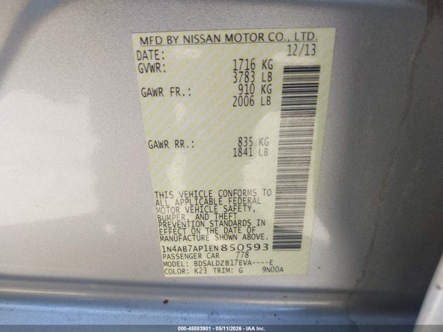 45083901 :رقم المزاد ، 1N4AB7AP1EN850593 vin ، 2014 Nissan Sentra Sv مزاد بيع