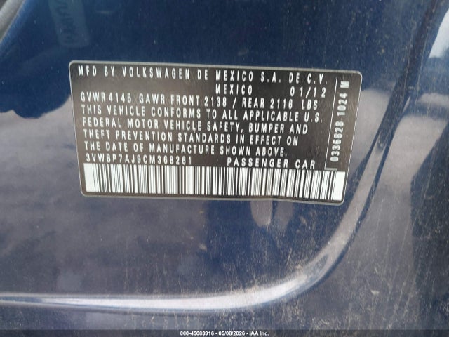 Auction sale of the 2012 Volkswagen Jetta 2.5l Se, vin: 3VWBP7AJ9CM368261, lot number: 45083916