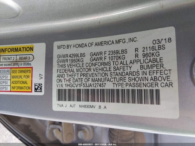 Продаж на аукціоні авто 2018 Honda Accord Ex-l, vin: 1HGCV1F53JA127457, номер лоту: 45083921