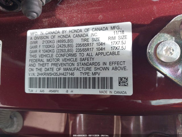 Aukcja sprzedaży 2018 Honda Cr-v Lx, vin: 2HKRW5H35JH427146, numer aukcji: 45083923
