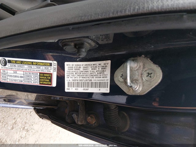 45083936 :رقم المزاد ، 1HGFA15837L087589 vin ، 2007 Honda Civic Ex مزاد بيع