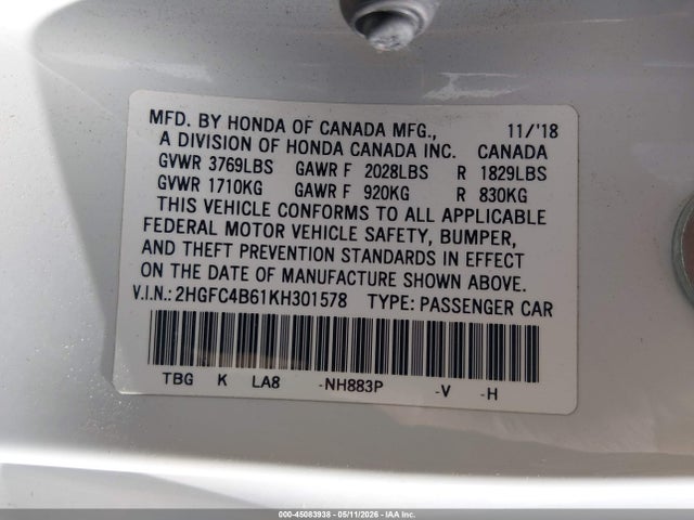 Honda Civic Lx 2019 2HGFC4B61KH301578 Image 9
