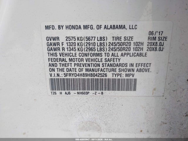 45083947 :رقم المزاد ، 5FRYD4H89HB042526 vin ، 2017 Acura Mdx Advance Package مزاد بيع