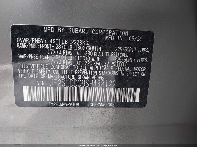 45083948 :رقم المزاد ، JF2SLDDC8SH438122 vin ، 2025 Subaru Forester Premium مزاد بيع