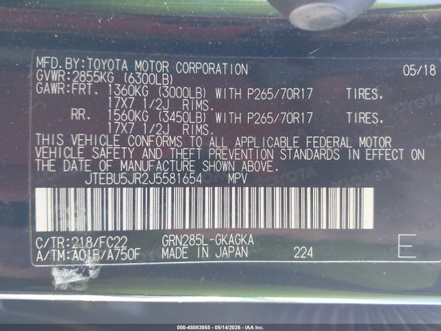 Aukcja sprzedaży 2018 Toyota 4runner Trd Off Road, vin: JTEBU5JR2J5581654, numer aukcji: 45083955