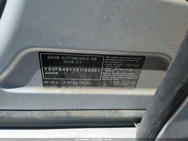 Продажа на аукционе авто 2008 Saab 9-3 2.0t, vin: YS3FB49YX81155481, номер лота: 45083961