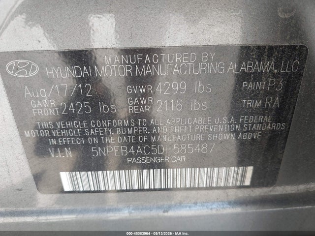 Продажа на аукционе авто 2013 Hyundai Sonata Gls, vin: 5NPEB4AC5DH585487, номер лота: 45083964