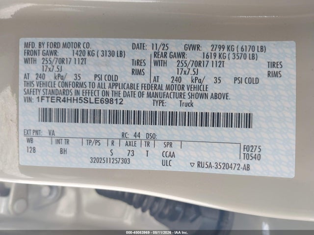 2025 Ford Ranger Xlt მანქანა იყიდება აუქციონზე, vin: 1FTER4HH5SLE69812, აუქციონის ნომერი: 45083969